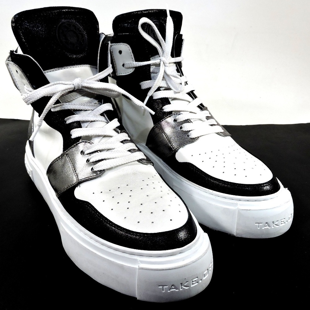 TAKE.OFF 🇮🇹 MEN'S WHITE & BLACK SOFT LEATHER FASHION SNEAKERS - Picture 2 of 8